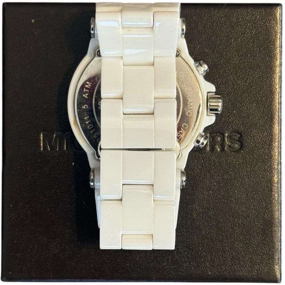 Michael Kors MK-5391 White Ceramic Chronograph Women’s Watch Crystal Bezel - Picture 5 of 11